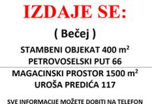 Izdaje se stambeni objekat i magacinski prostor u Bečeju